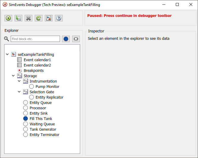 SimEvents Debugger window containing an Explorer pane on the left with a search field. An Inspector section on the right side of the pane displays the data of the element selected on the left.