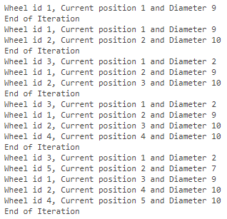 Diagnostic Viewer showing iterations in written form. Each iteration considers the incoming wheel entry for that iteration, and adds it in the corresponding position in a list of entries sorted in ascending order of diameter.