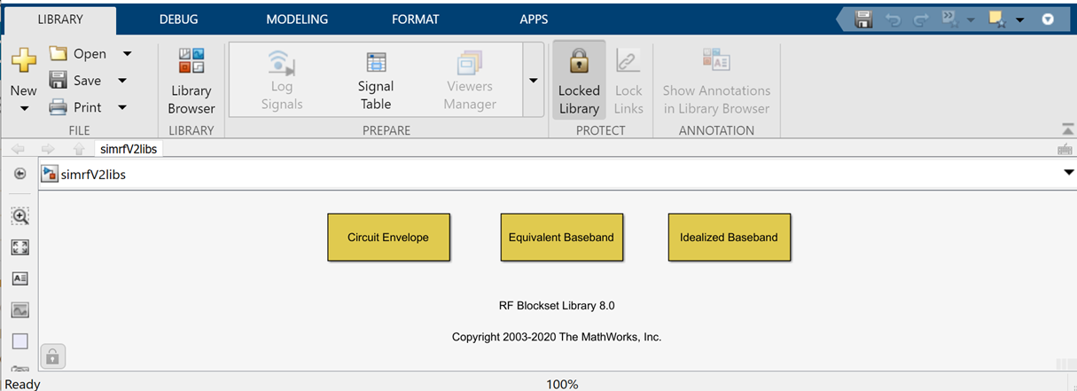 RF blockset library window is displayed