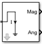 Outport block icon with Sensor type set to Ideal current, Output parameter set to Magnitude and Angle Baseband, and Ground and hide terminal is On.