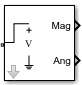 Outport block icon with Sensor type set to Ideal voltage, Output parameter set to Magnitude and Angle Baseband, and Ground and hide terminal is On.