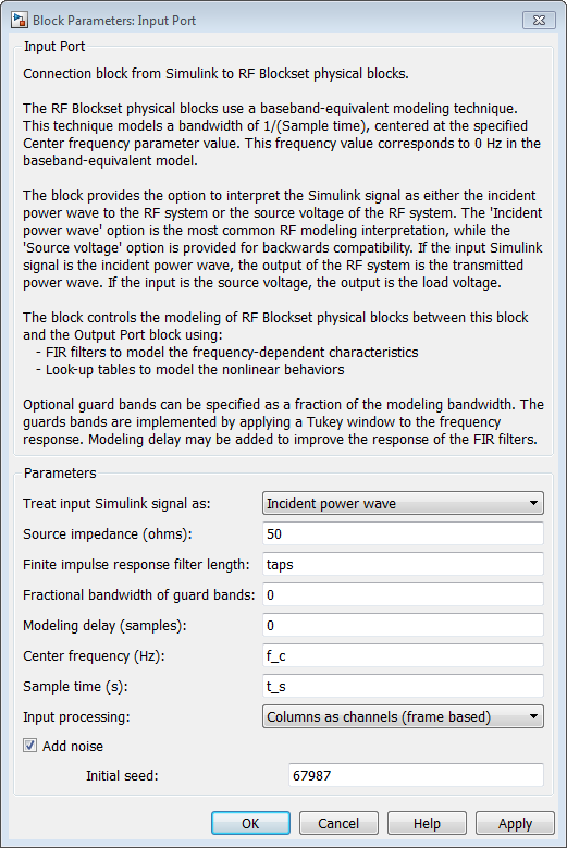 Input port block mask with Finite impulse response filter length set to taps, center frequency set to f_c, sample time is set to t_s, and Input Processing is set to Columns as channels (frame based).