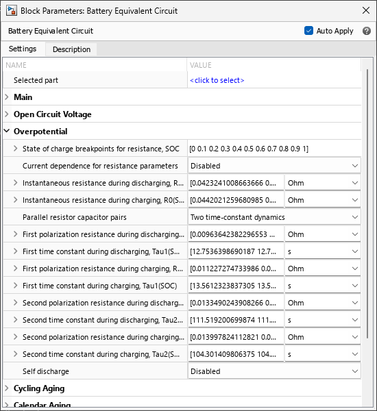 Block Parameters window of the Battery Equivalent Circuit block.