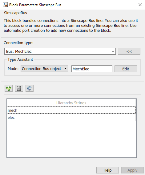Simscape Bus block dialog with interface specification applied