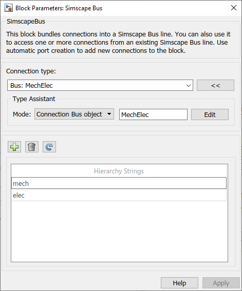 Simscape Bus block dialog with interface specification applied