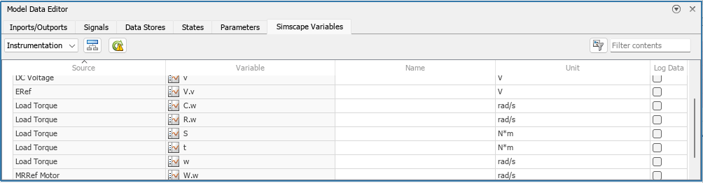 Model Data Editor window with the Simscape Variables tab open. The variables for the Load Torque block are visible.