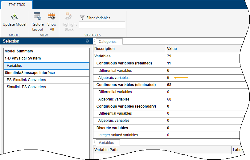 Variables pane of the Statistics Viewer tool showing 5 in the Algebraic variables row.