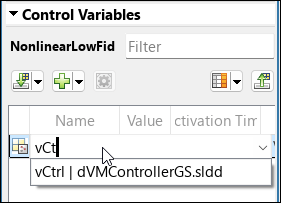 In the Control Variables section, the Name field lists the control variable that matches the typed value.