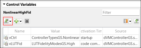 Control variables table shows variables added using the import option.