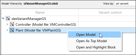 Blocks tab model hierarchy pane shows the context menu options for Plant model.
