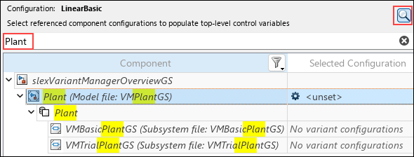 Model hierarchy pane shows the results of searching for the plant component.