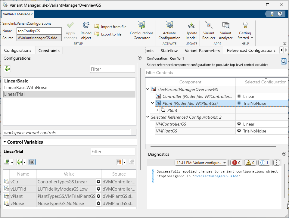 Variant Manager for the top level model shows the component configurations view with the selected configurations for the controller and plant components. The control variables table shows the control variables populated using the selected configurations.