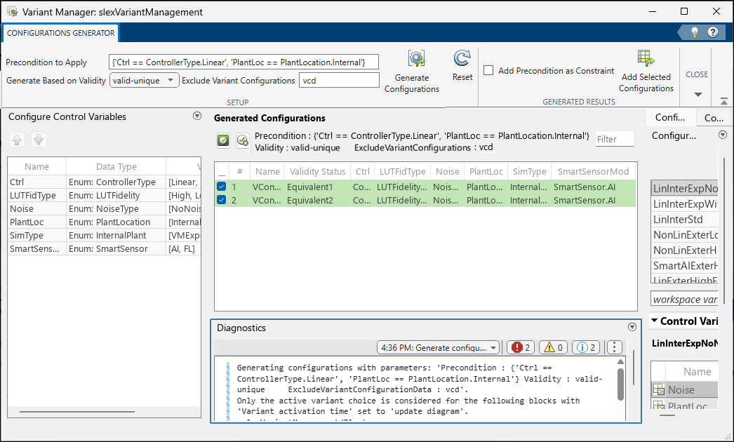 Variant configurations in the Generated Configurations pane