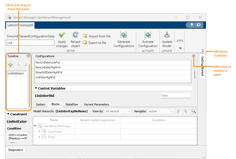 Variant manager window with custom layout