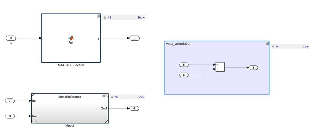 Simulink model showing requirement links correctly placed on MATLAB Function, Model Reference, and Area Annotation components