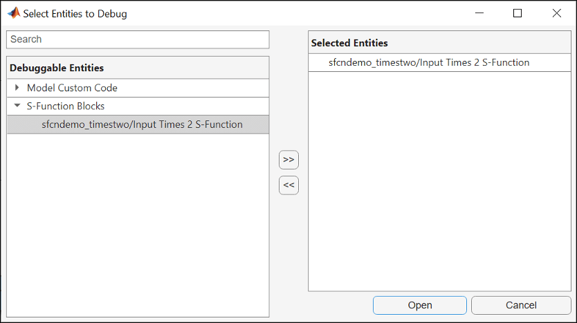 Dialog box showing entities that can be debugged with the S-function in the model listed here.