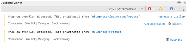 Suppressed diagnostic in Diagnostic Viewer with hyperlinks to add a comment or restore.