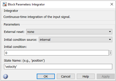 Block Parameters dialog box for an Integrator block, with the state name field filled in with the name 'velocity'