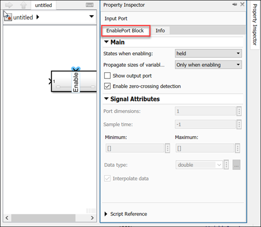 EnablePort Block in Property Inspector