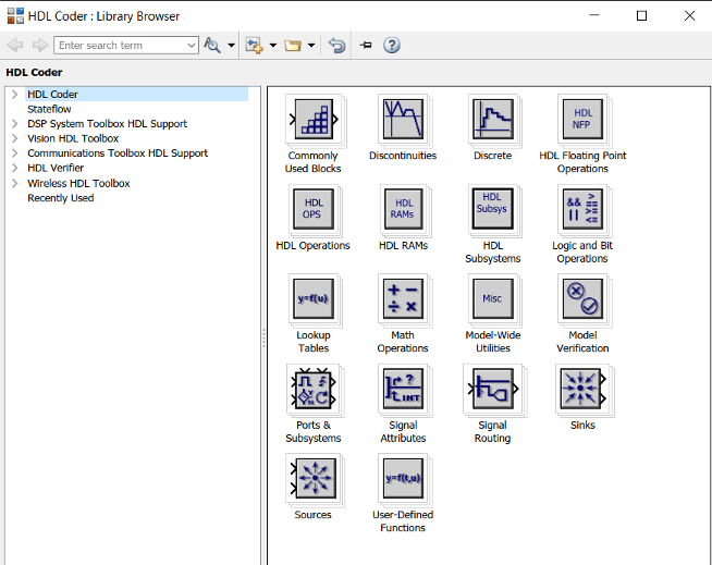 Library Browser showing blocks compatible with HDL code generation