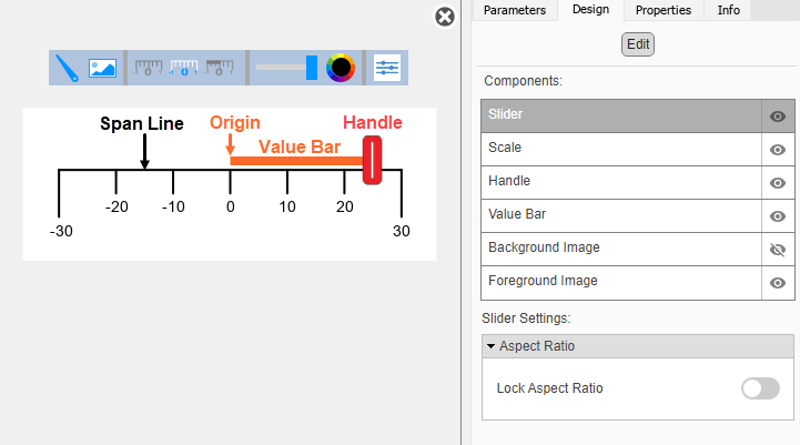 Horizontal Slider block in design mode with the toolbar and the Design tab in the Property Inspector visible.