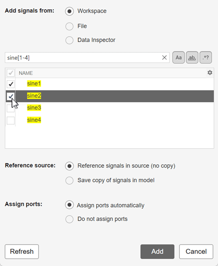 The Add Signals dialog box shows options for adding sine1 and sine2 signals from the workspace.