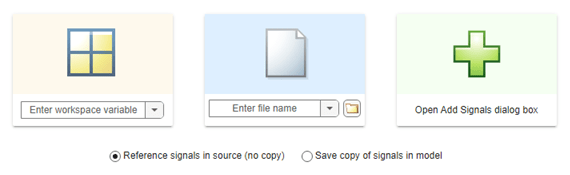 The loading pane for the Playback block shows three options: load data from the workspace, load data from a file, or open the Add Signals dialog box. To add signals from the Simulation Data Inspector, open the Add Signals dialog box.