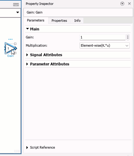 Script Reference section of the Property Inspector for a Gain block