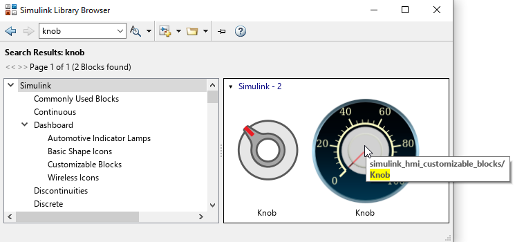 The Library Browser in standalone mode shows the search results for the keyword "knob." The search results are two Knob blocks. The pointer is hovering over the Knob block on the right, and a tooltip is visible with the text "simulink_hmi_customizable_blocks/Knob."