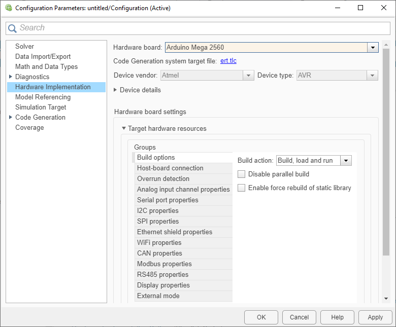 Configuration Parameters dialog box for Arduino hardware