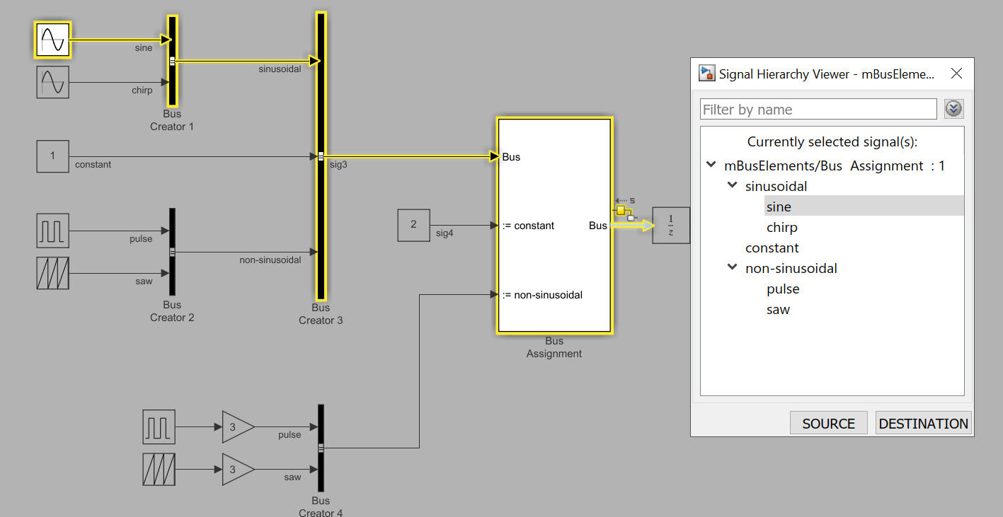 Signal Hierarchy Viewer and highlighted source blocks and signals