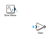 A Gain block is below and to the right of a Sine Wave block. The port symbol of the Sine Wave block output port is highlighted in blue, and there is a port hint symbol in front of the Gain block input port.