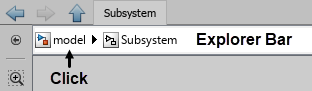 Explorer Bar showing the hierarchy model->Subsystem, with the callout "Click" pointing to the model level