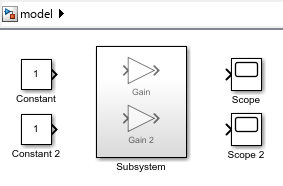 Two unconnected Constant blocks on the left, an unconnected Subsystem block in the center, and two unconnected Scope blocks on the right