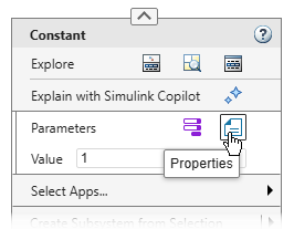 The Constant block context menu is open, and a pointer is paused on the Property Inspector button. A tooltip displays Property Inspector.