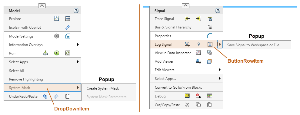 Top Model context menu with the System Mask drop-down item and its popup labeled