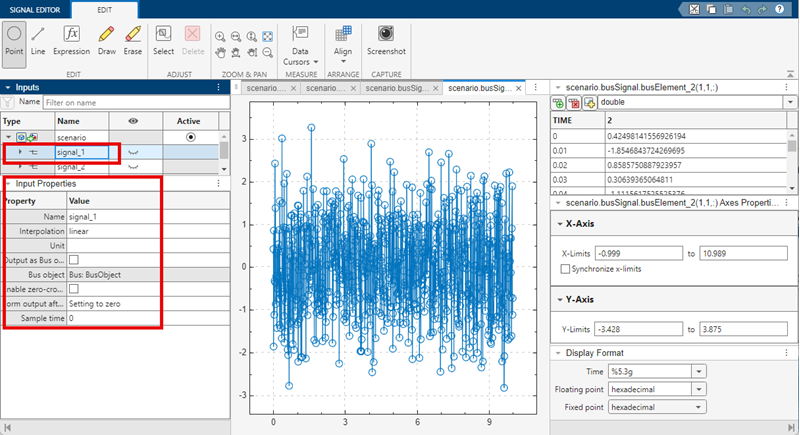 Signal Editor with myScenario.mat from Signal Editor block with signal_1 selected