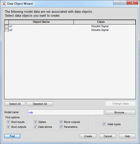 Data Object Wizard dialog box with list of proposed objects. The left column displays the object name and the right column displays the data class.