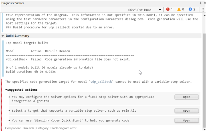 Diagnostic Viewer window displaying the build summary of the model vdp_callback. The build summary displays suggested actions and a hyperlink with each action to open and fix the source of error causing the build failure.