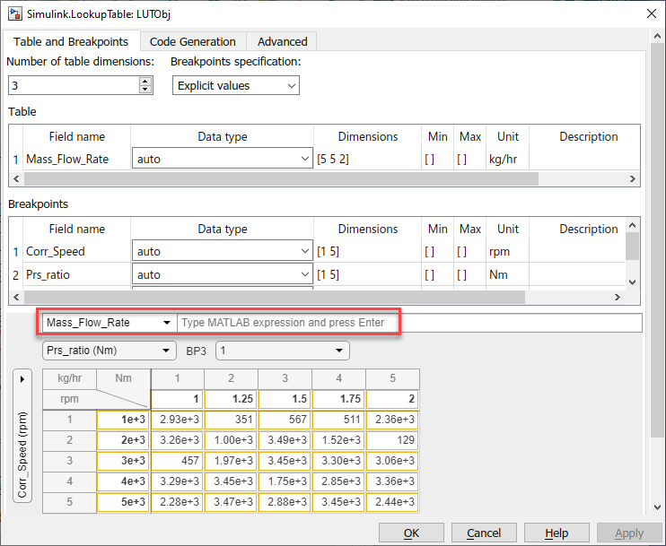 Edit Lookup Table Data with Lookup Table Spreadsheet MATLAB