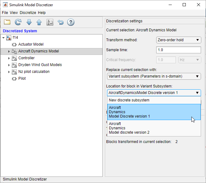 Discretize Aircraft Dynamics Model subsystem