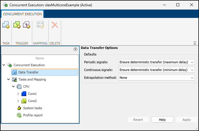 Concurrent Execution tool with Data Transfer parameters open.