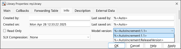 Library Properties window showing model version formats.