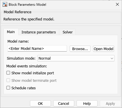 Block Parameters dialog box for Model block.