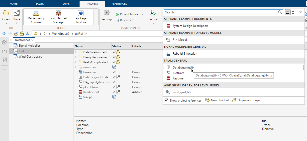 Project tab shows the References tree on the left with the trial project selected and its content on the right. In the toolstrip, the expanded Shortcuts gallery shows all shortcuts in the hierarchy, including the new trial shortcuts.