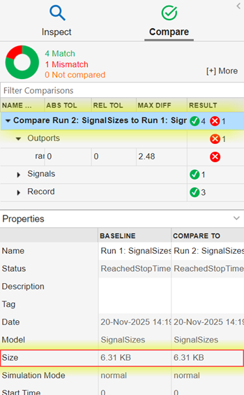 Properties pane for a comparison with the Size row highlighted