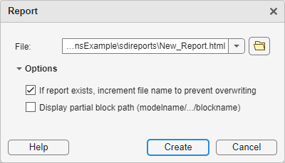 The default Report dialog box for a report of the Inspect pane