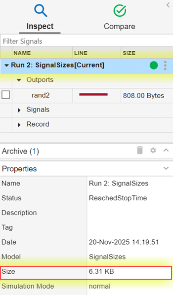 Properties pane for a run with the Size row highlighted
