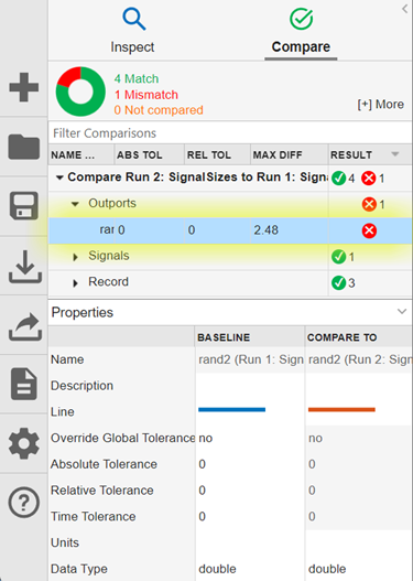 The properties for the baseline and comparison rand2 signals in the Compare pane.