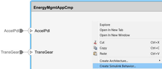 Right-click menu for the EnergyMgmtAppCmp software component with the Create Simulink Behavior option selected.